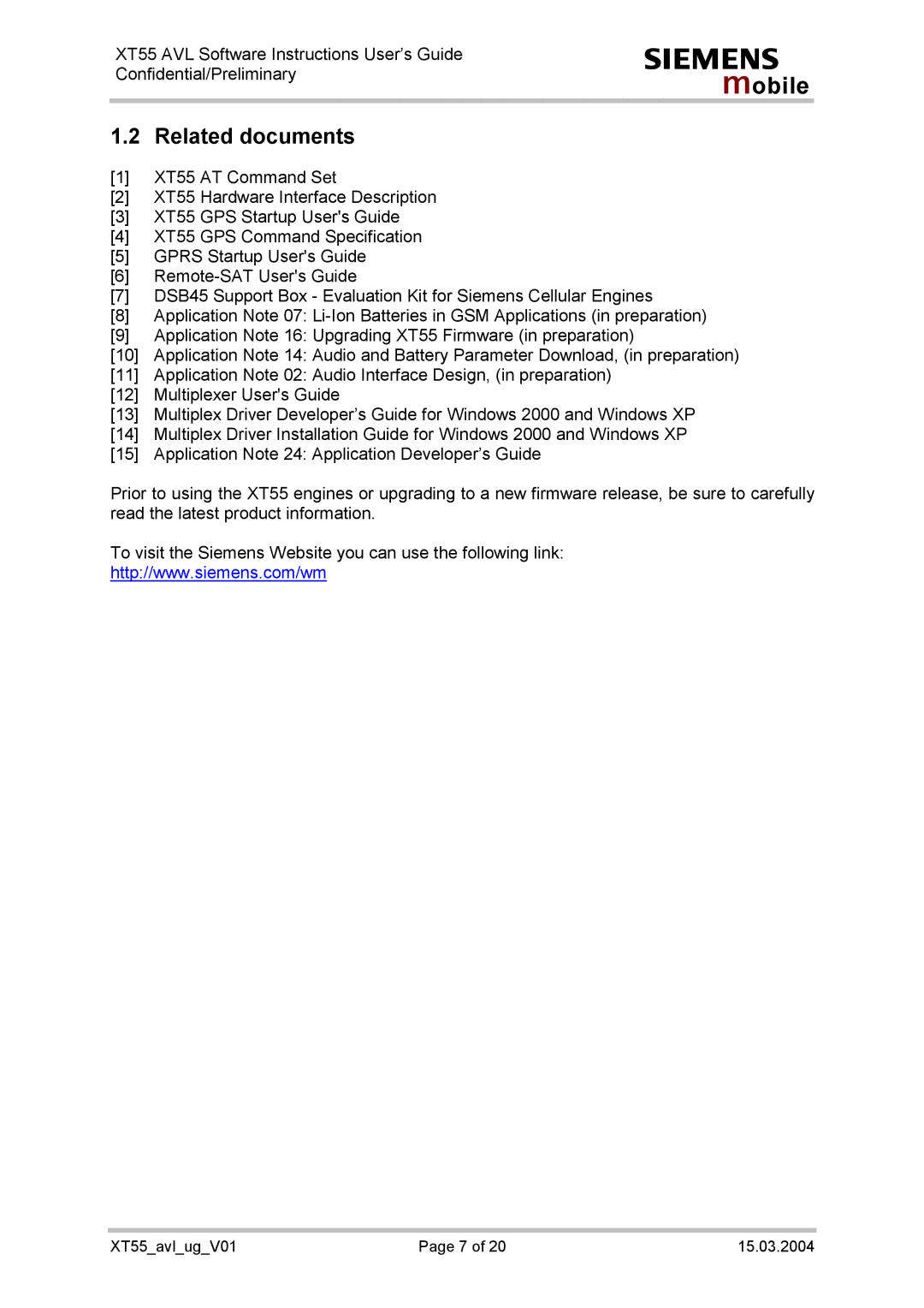 Siemens XT55 manual Related documents 