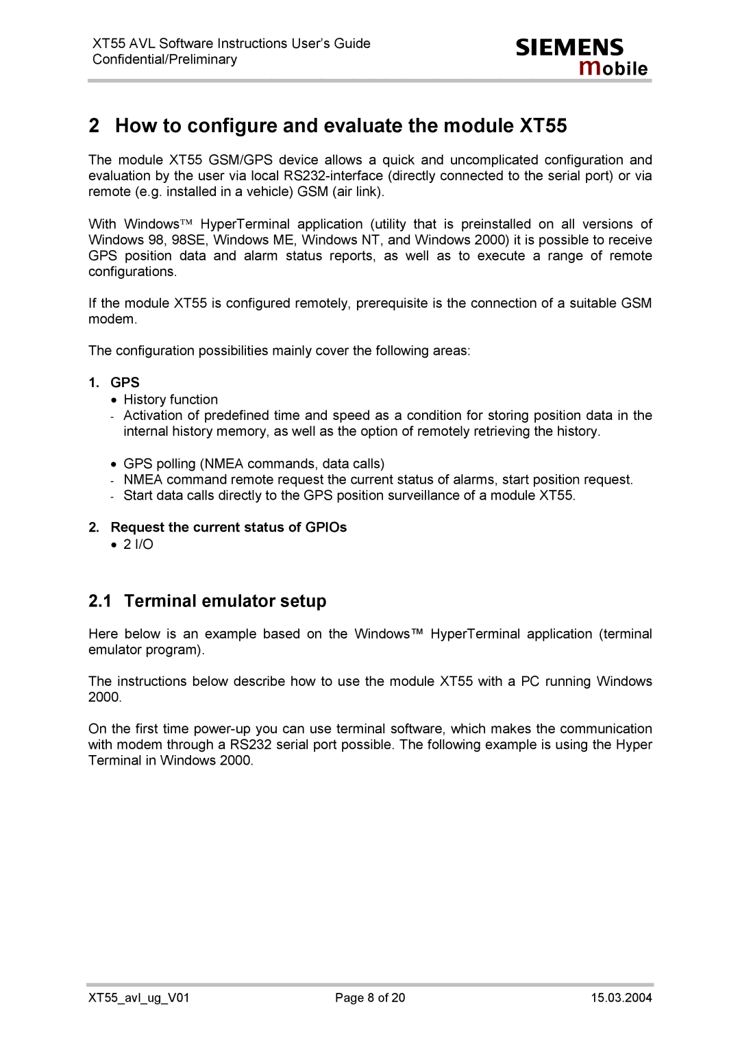 Siemens manual How to configure and evaluate the module XT55, Terminal emulator setup, Gps 