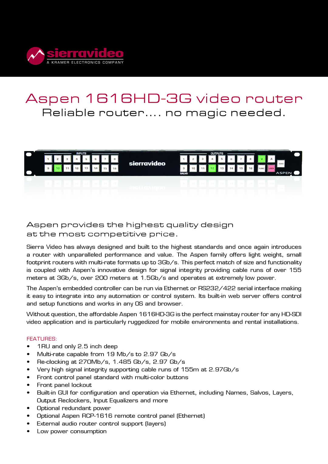 Sierra manual Aspen 1616HD-3G video router, Reliable router…. no magic needed, Features 