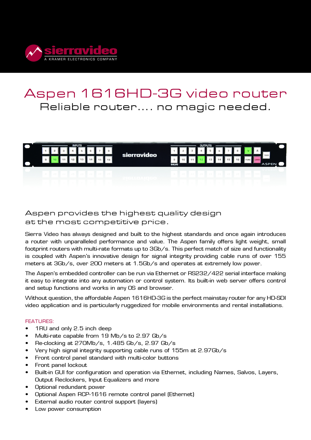 Sierra manual Aspen 1616HD-3G video router, Reliable router…. no magic needed 