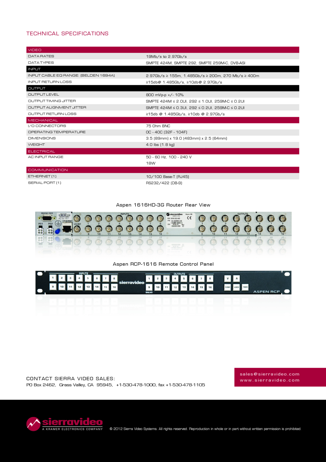Sierra manual Technical Specifications, Aspen 1616HD-3G Router Rear View Aspen RCP-1616 Remote Control Panel 