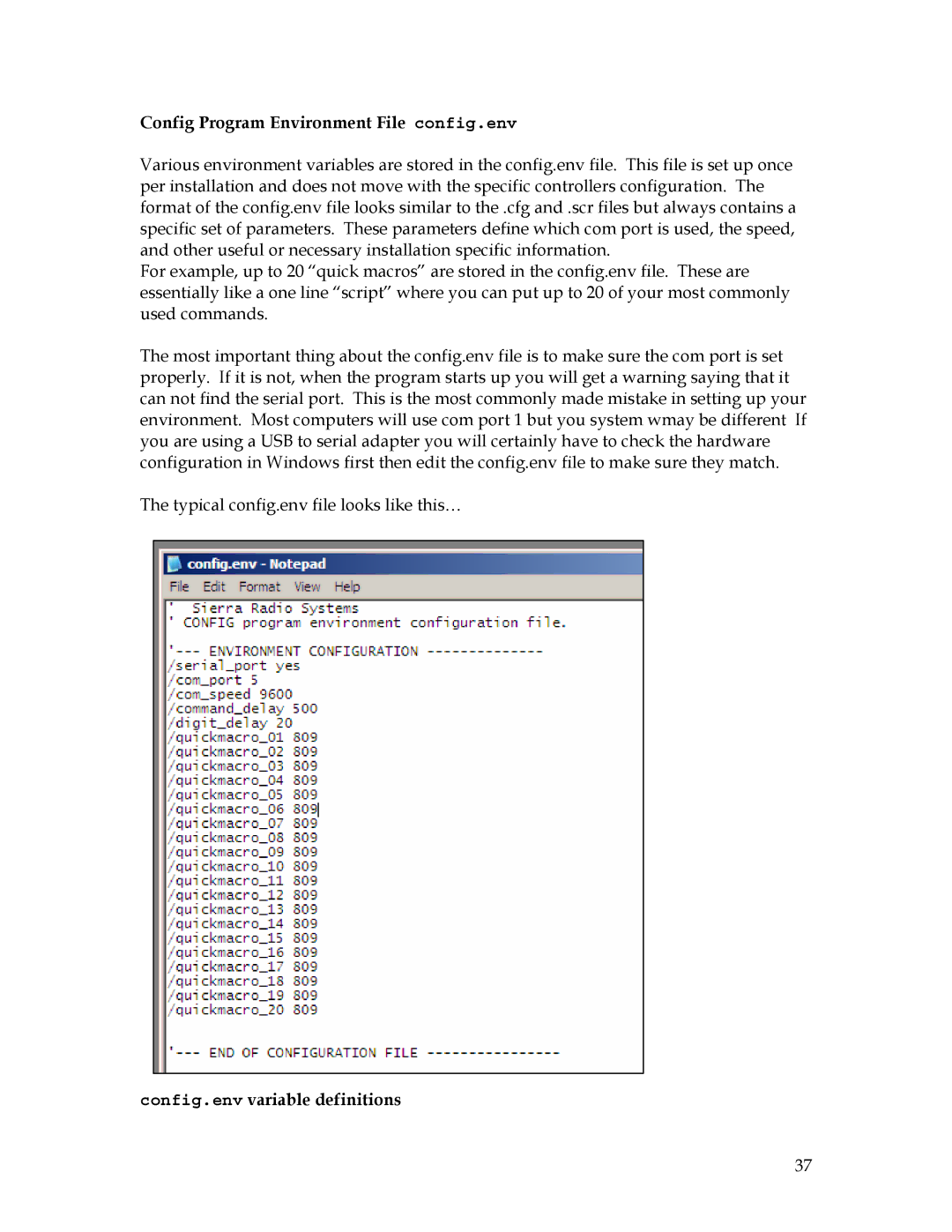 Sierra 200 owner manual Config Program Environment File config.env, Config.env variable definitions 