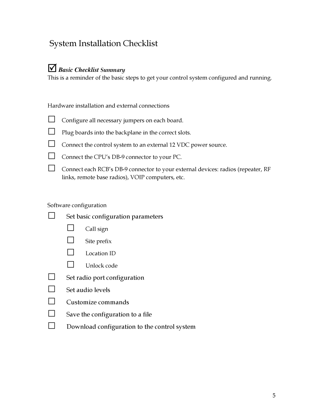 Sierra 200 owner manual System Installation Checklist, Basic Checklist Summary 