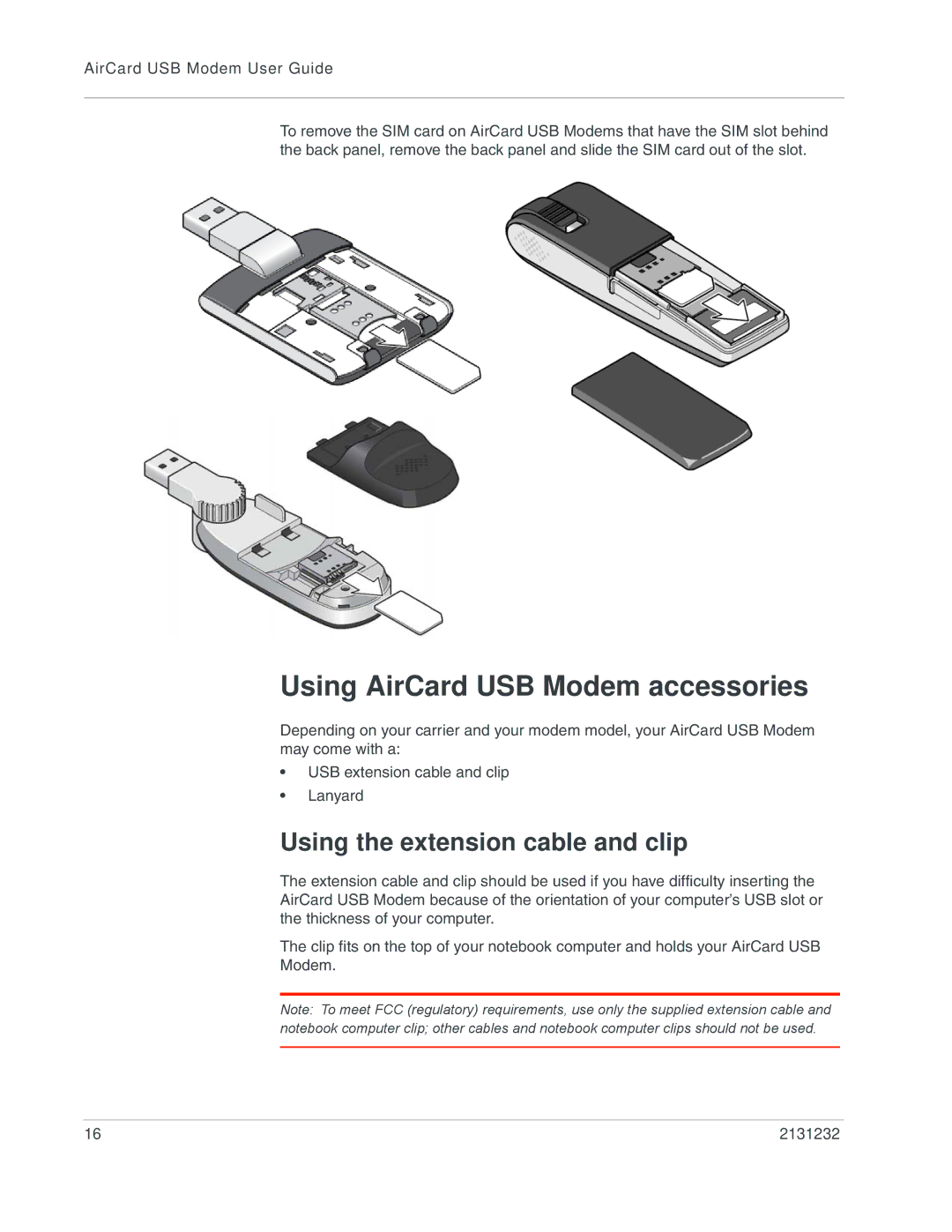 Sierra 2131232 manual Using AirCard USB Modem accessories, Using the extension cable and clip 