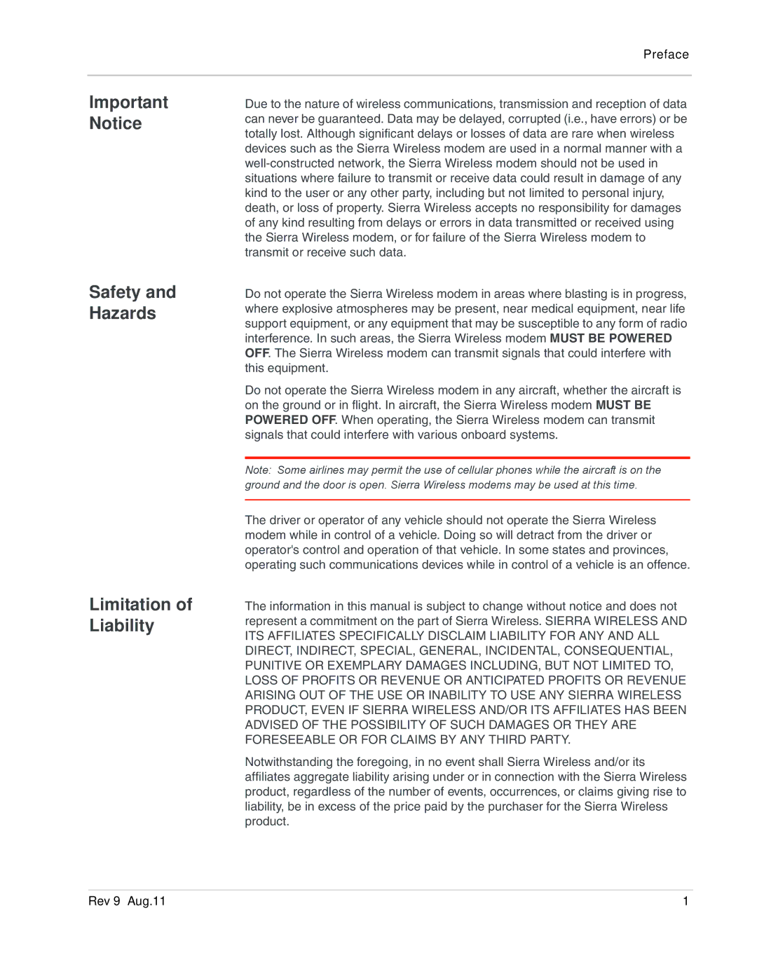 Sierra 2131232 manual Important Notice Safety and Hazards Limitation of Liability 