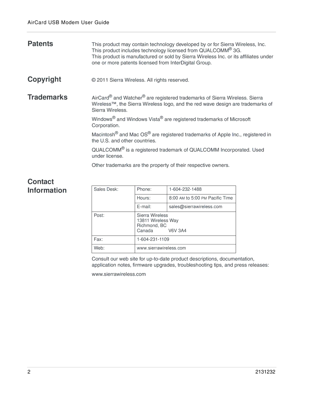 Sierra 2131232 manual Patents Copyright Trademarks Contact Information 