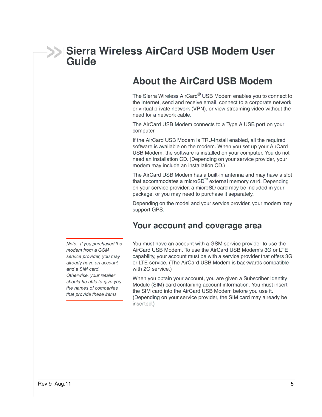 Sierra 2131232 manual About the AirCard USB Modem, Your account and coverage area 