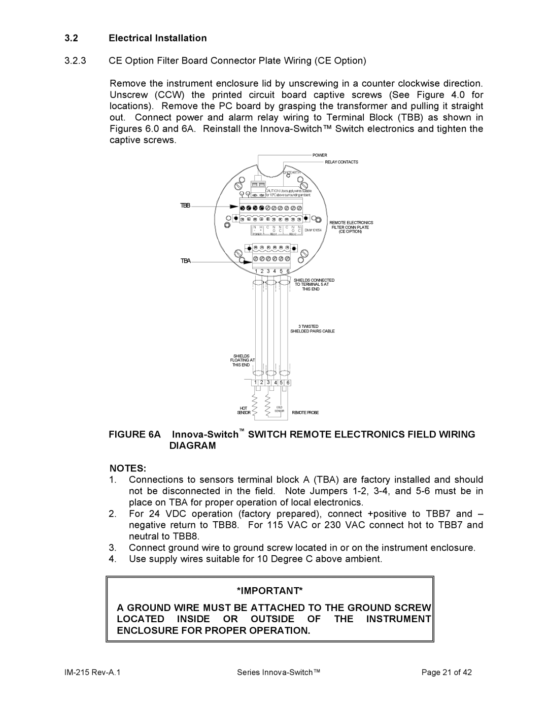 Sierra 215 manual Innova-SwitchSWITCH Remote Electronics Field Wiring Diagram 