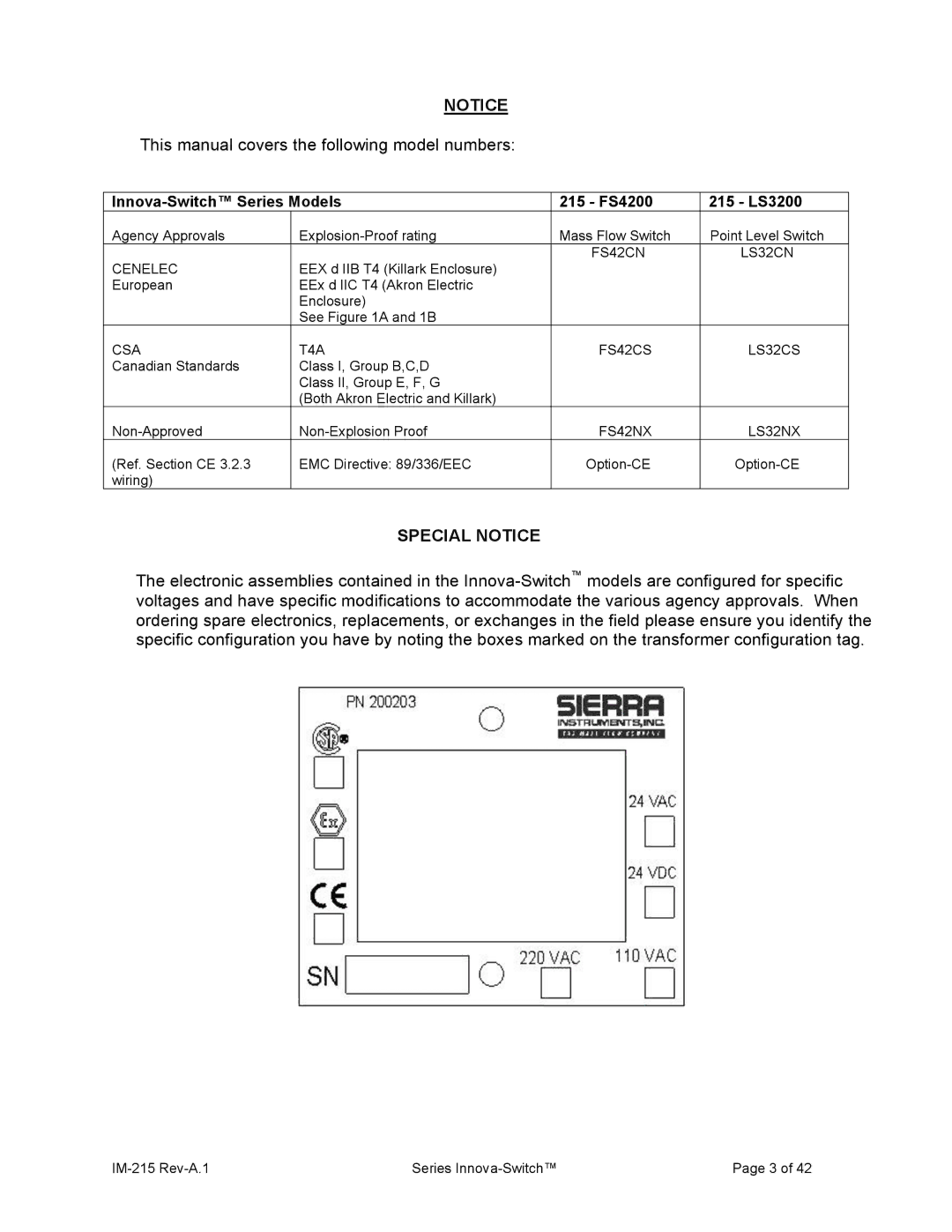 Sierra 215 This manual covers the following model numbers, Special Notice 