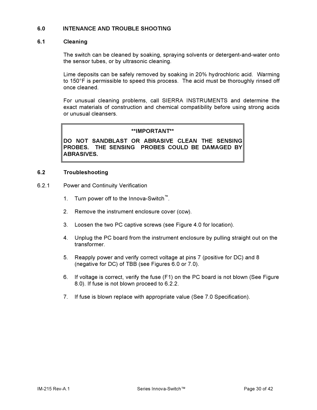 Sierra 215 manual Intenance and Trouble Shooting, Cleaning, Troubleshooting 