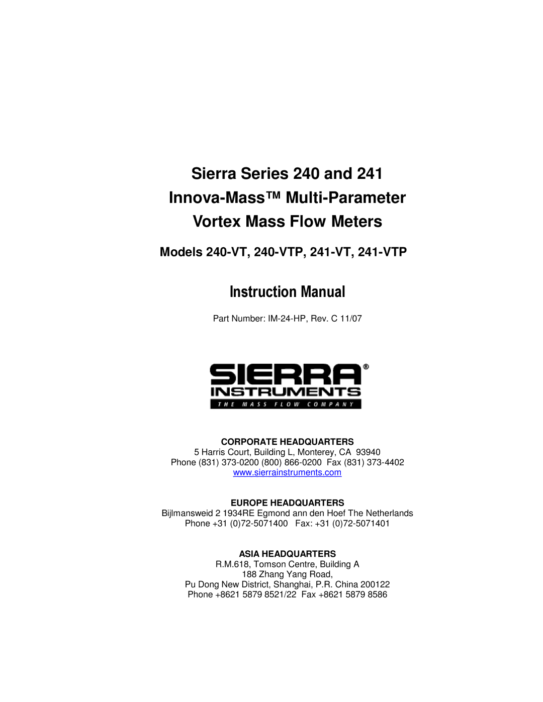 Sierra instruction manual Models 240-VT, 240-VTP, 241-VT, 241-VTP 