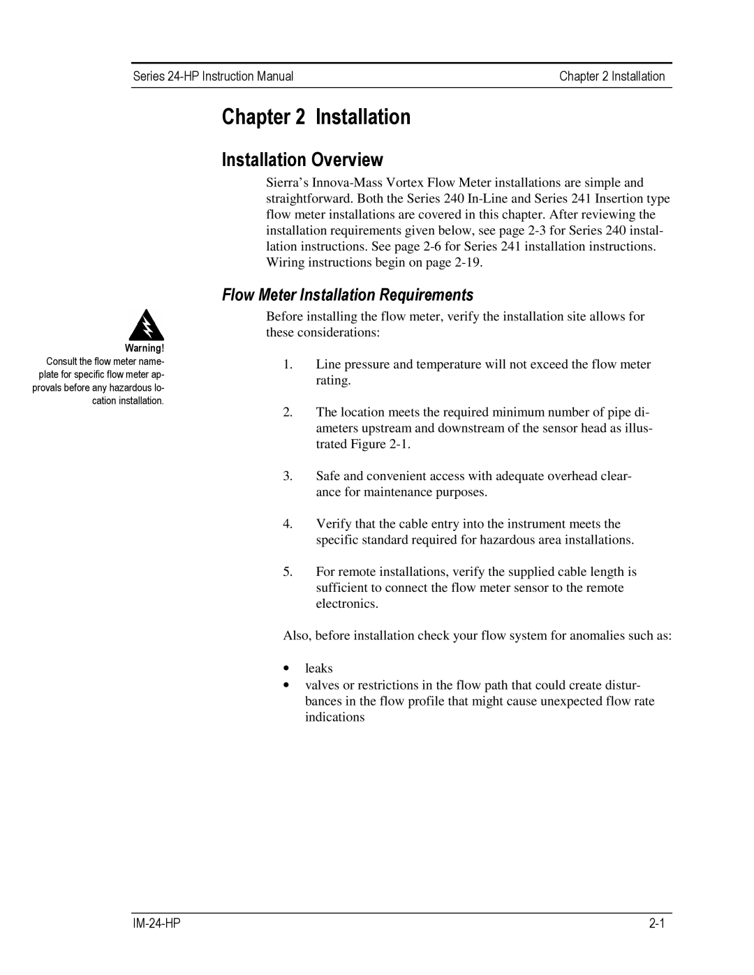 Sierra 240-VTP, 241-VTP instruction manual Installation Overview, Flow Meter Installation Requirements 