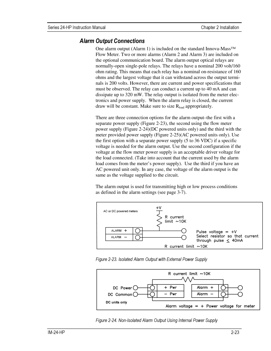 Sierra 241-VTP, 240-VTP instruction manual Alarm Output Connections, Isolated Alarm Output with External Power Supply 