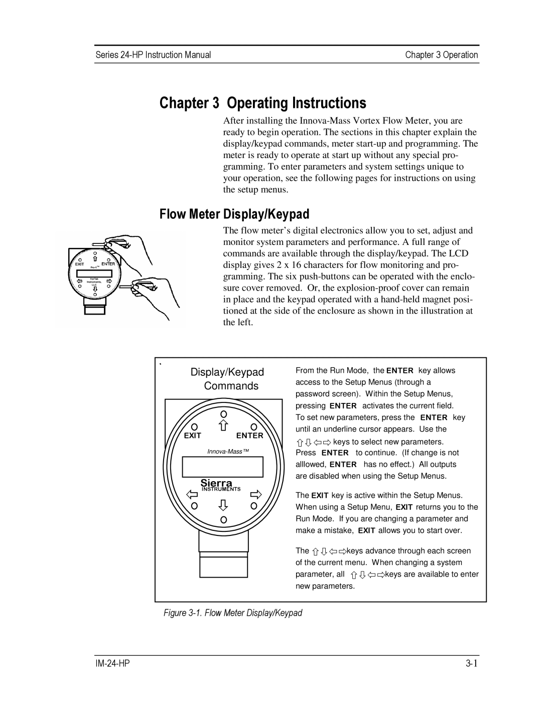 Sierra 241-VTP, 240-VTP instruction manual Operating Instructions, Flow Meter Display/Keypad, Sierra 