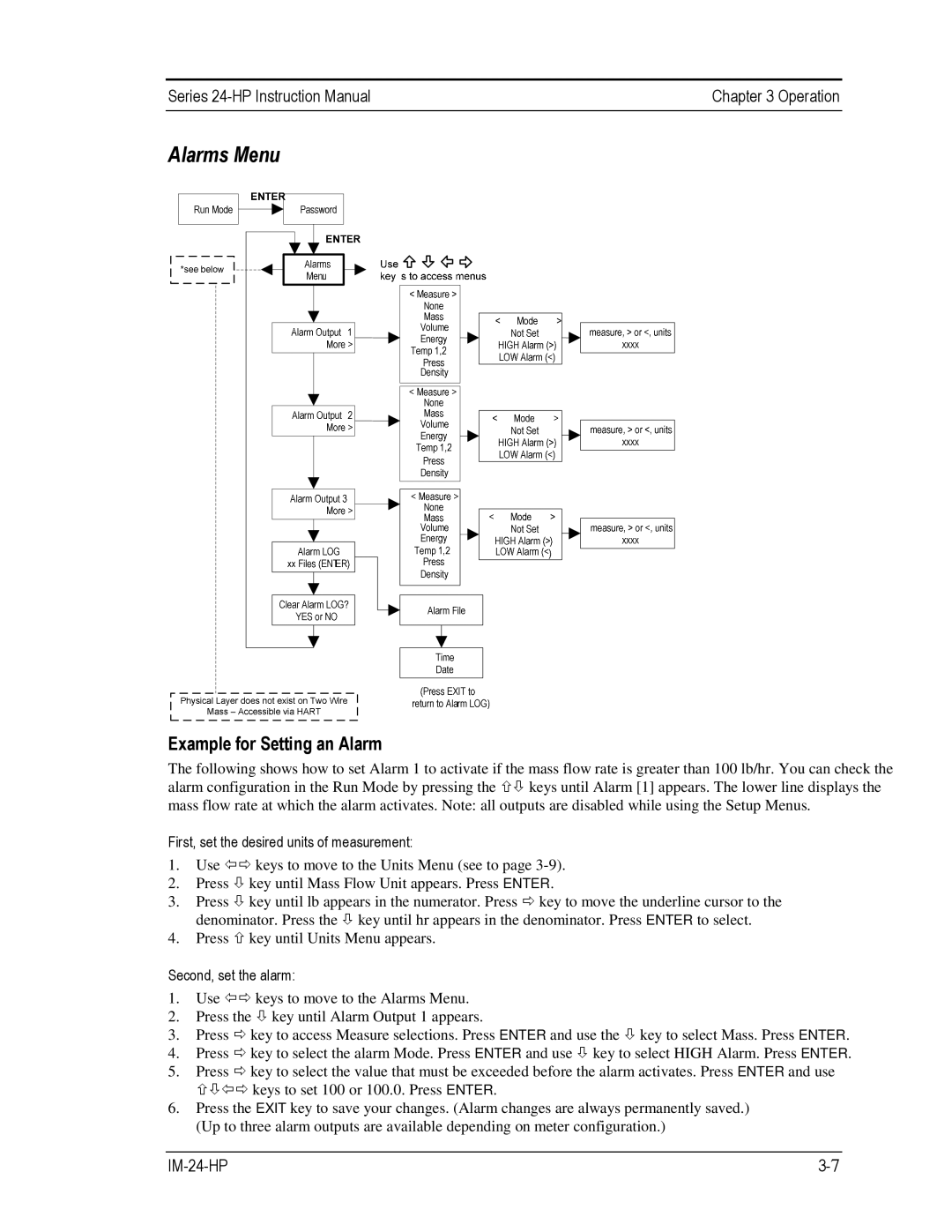 Sierra 240-VTP, 241-VTP instruction manual Alarms Menu, Example for Setting an Alarm 