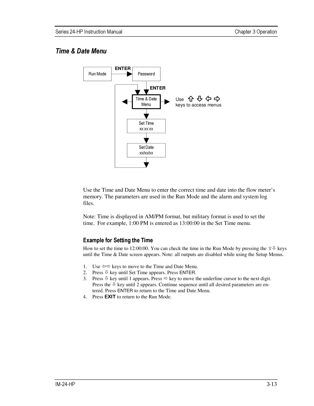 Sierra 241-VTP, 240-VTP instruction manual Time & Date Menu, Example for Setting the Time 