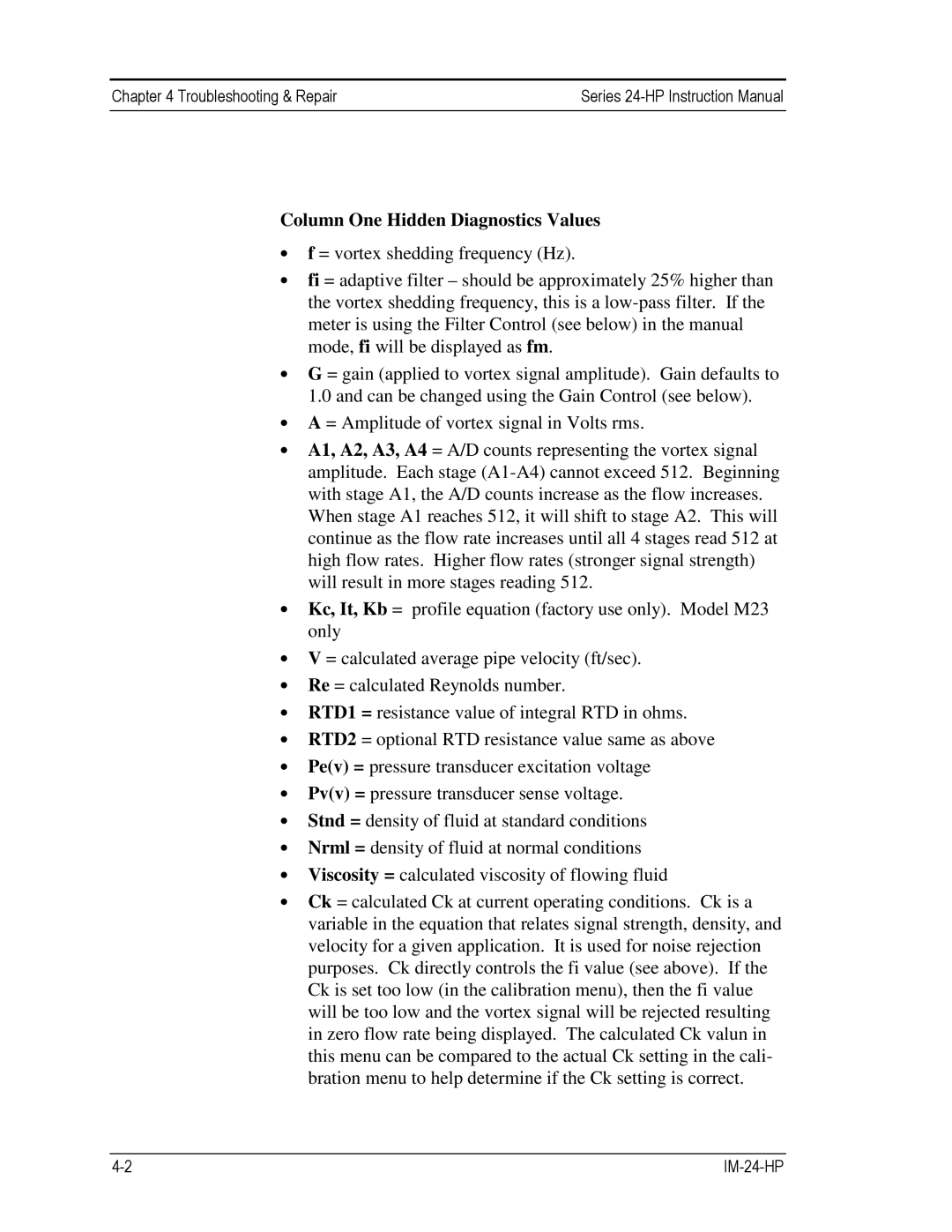 Sierra 241-VTP, 240-VTP instruction manual Column One Hidden Diagnostics Values 