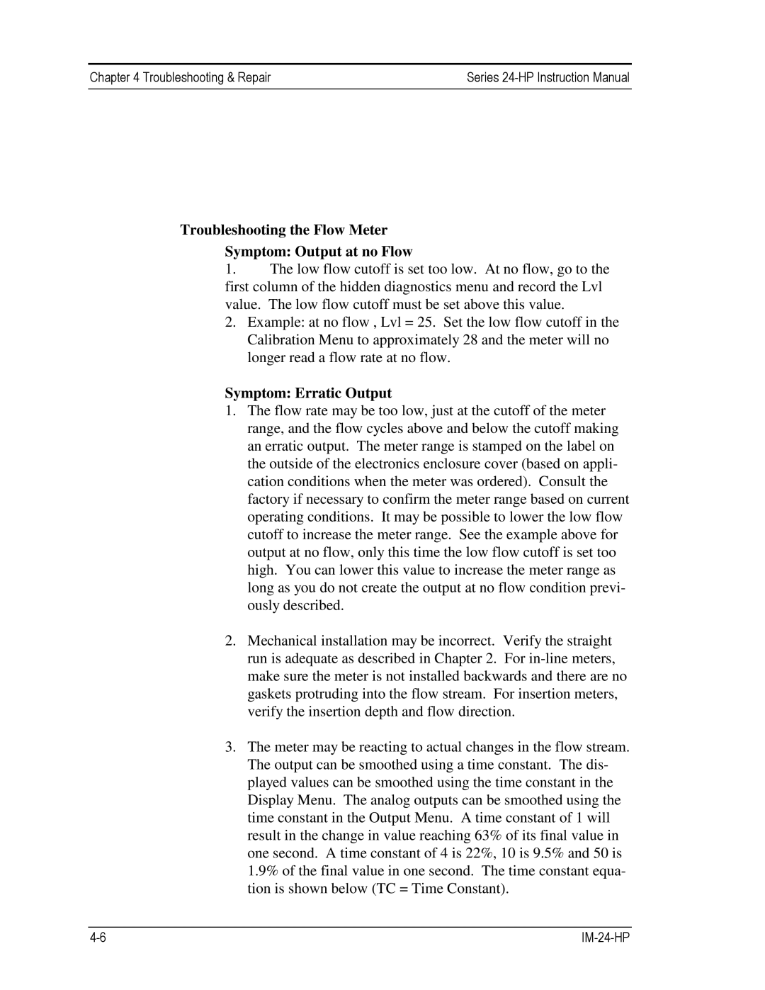 Sierra 241-VTP, 240-VTP instruction manual Troubleshooting the Flow Meter Symptom Output at no Flow 