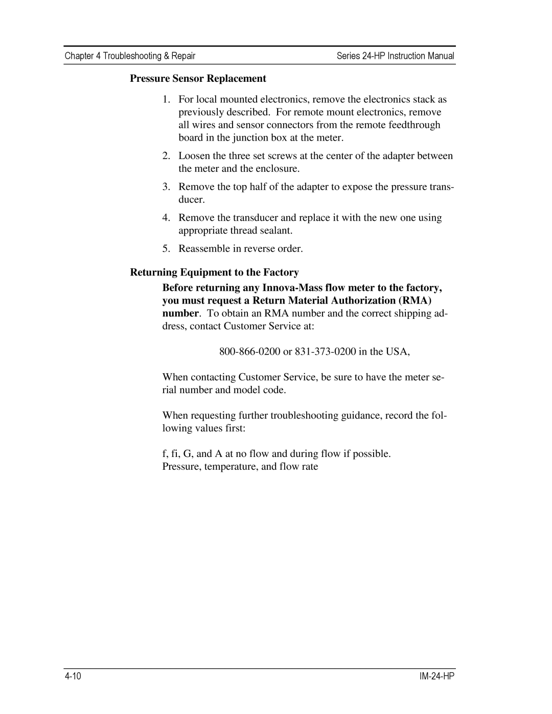 Sierra 241-VTP, 240-VTP instruction manual Pressure Sensor Replacement 