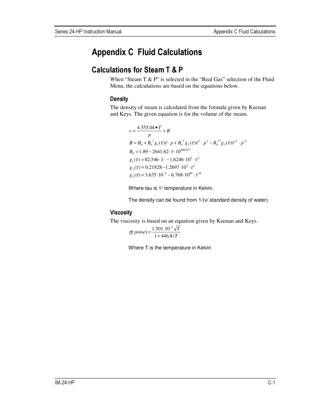 Sierra 241-VTP, 240-VTP Appendix C Fluid Calculations, Calculations for Steam T & P, Density, Viscosity 