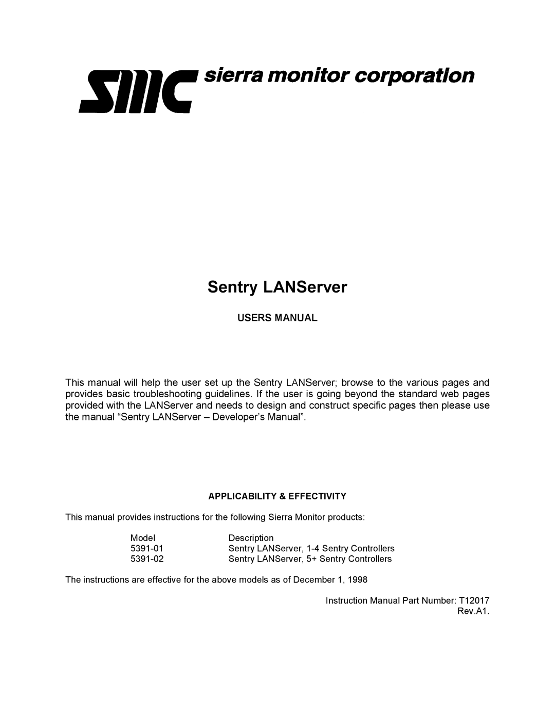 Sierra 5391-01, 5391-02 user manual Sentry LANServer, Applicability & Effectivity 