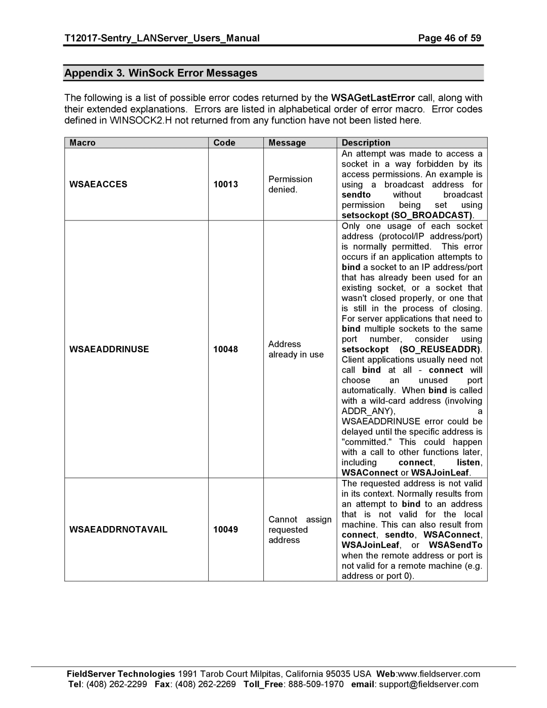 Sierra 5391-02, 5391-01 user manual Appendix 3. WinSock Error Messages 