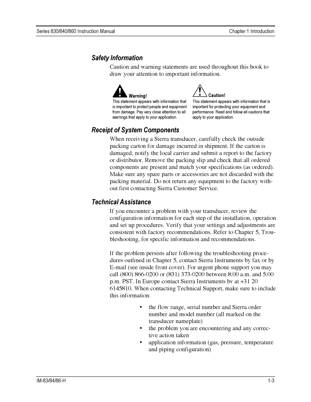 Sierra 840, 860, 830 instruction manual Safety Information, Receipt of System Components, Technical Assistance 