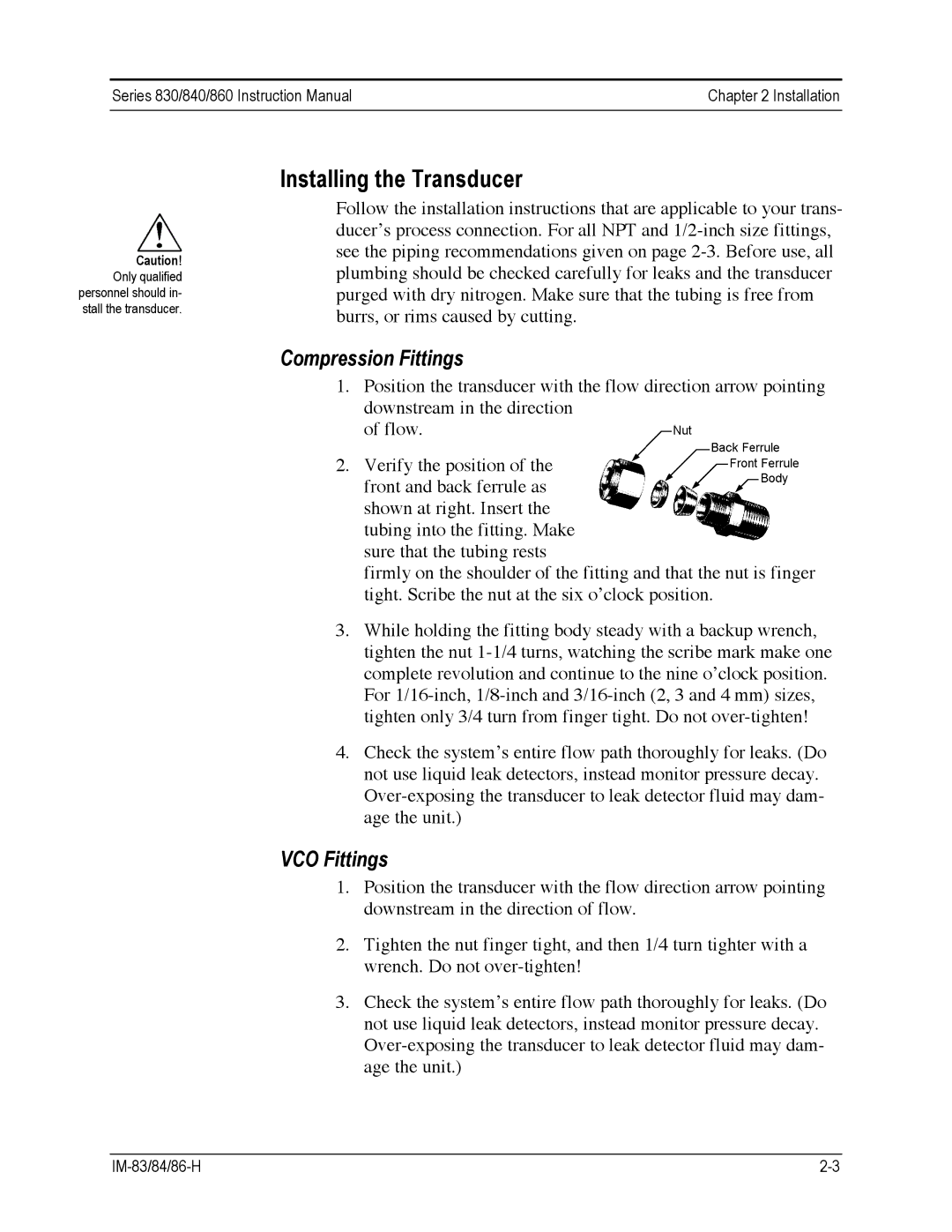 Sierra 860, 840, 830 instruction manual Installing the Transducer, Compression Fittings, VCO Fittings 