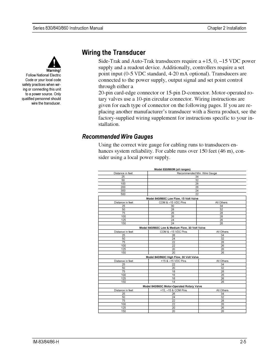 Sierra 830, 860, 840 instruction manual Wiring the Transducer, Recommended Wire Gauges 