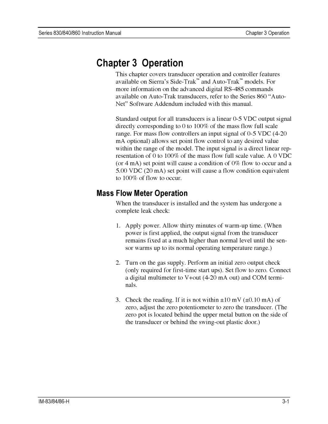 Sierra 840, 860, 830 instruction manual Mass Flow Meter Operation 