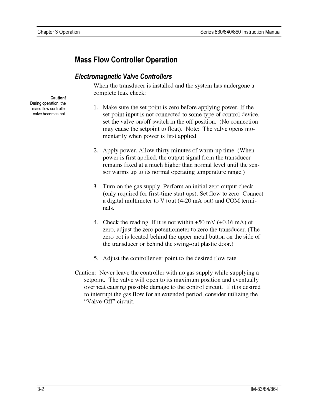 Sierra 830, 860, 840 instruction manual Mass Flow Controller Operation, Electromagnetic Valve Controllers 