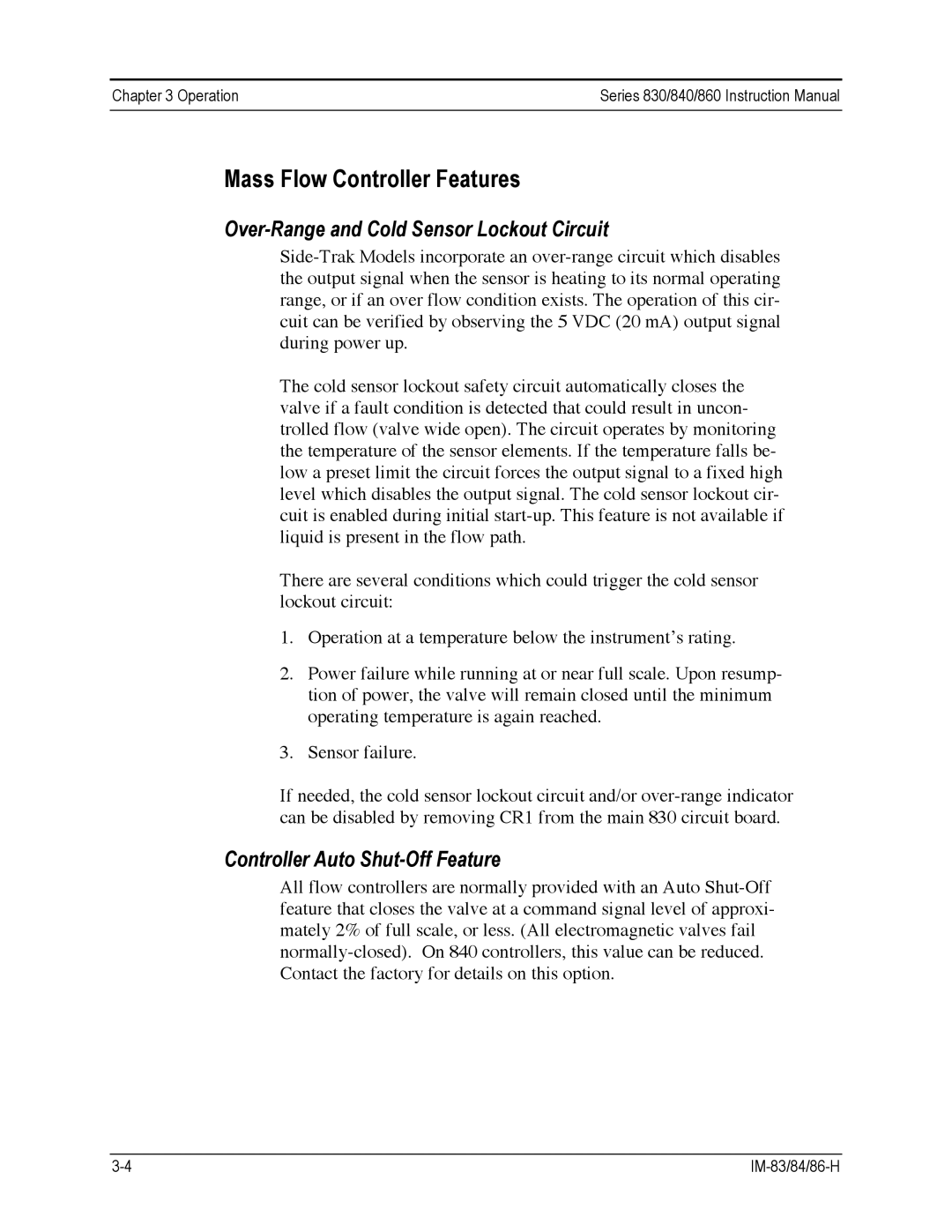 Sierra 840 Mass Flow Controller Features, Over-Range and Cold Sensor Lockout Circuit, Controller Auto Shut-Off Feature 