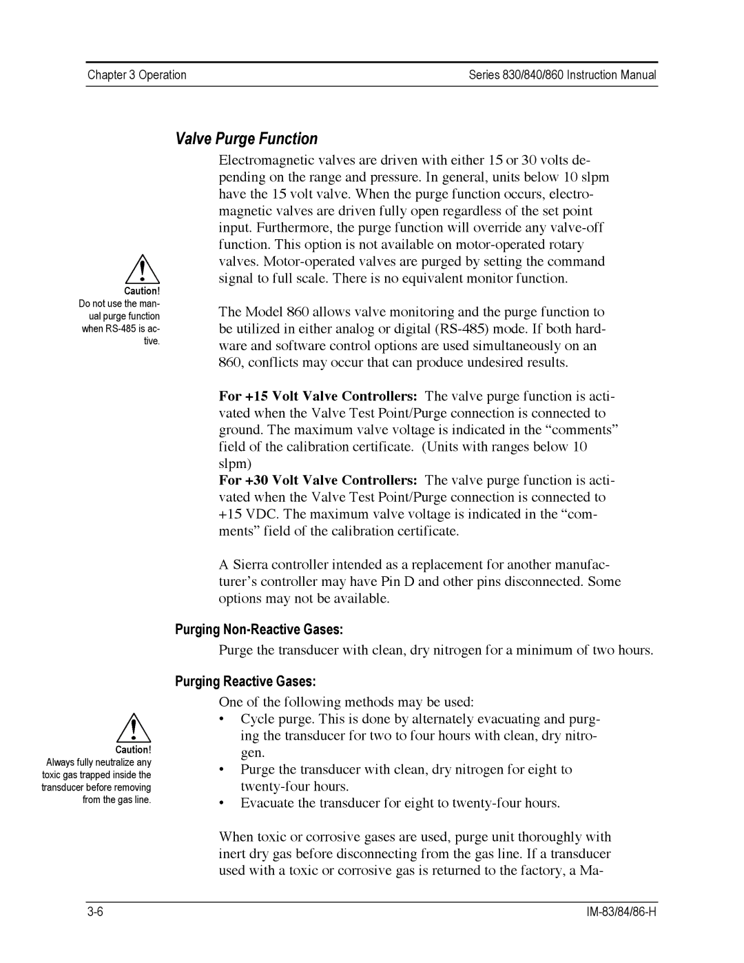 Sierra 860, 840, 830 instruction manual Valve Purge Function, Purging Non-Reactive Gases, Purging Reactive Gases 