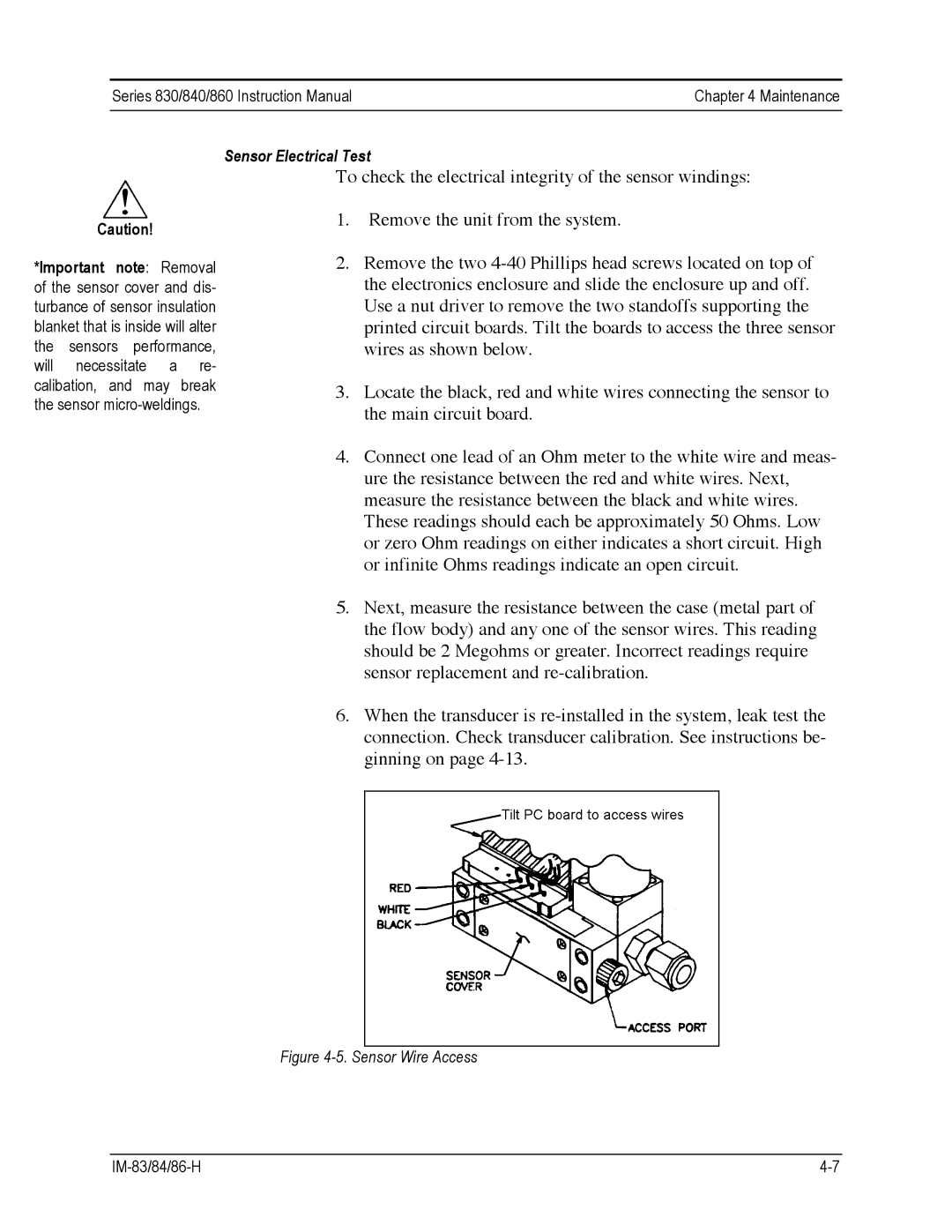 Sierra 830, 860, 840 instruction manual Sensor Electrical Test 