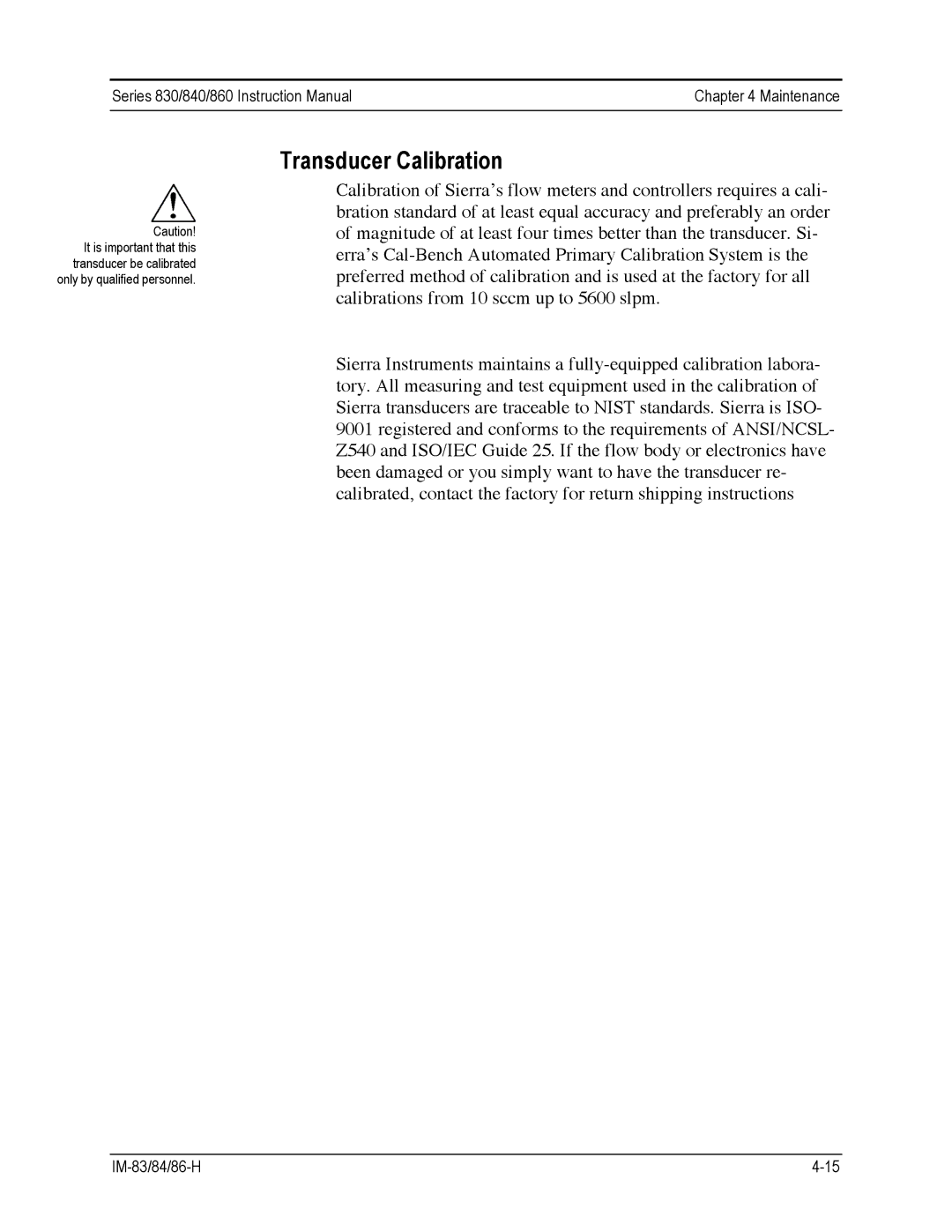 Sierra 840, 860, 830 instruction manual Transducer Calibration 