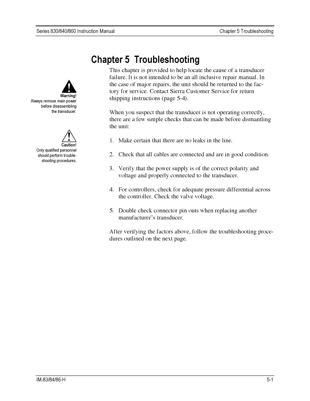 Sierra 830, 860, 840 instruction manual Troubleshooting 