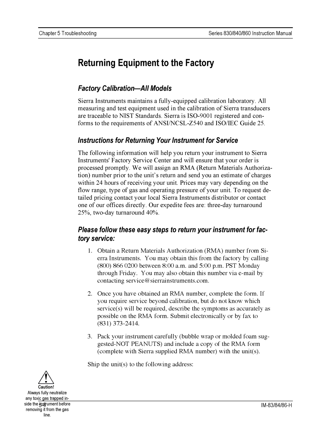 Sierra 830, 860, 840 Factory Calibration-All Models, Instructions for Returning Your Instrument for Service 