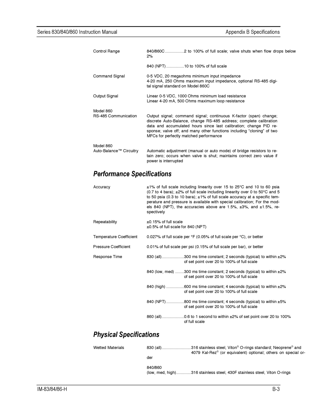 Sierra 860, 840, 830 instruction manual Performance Specifications, Physical Specifications 