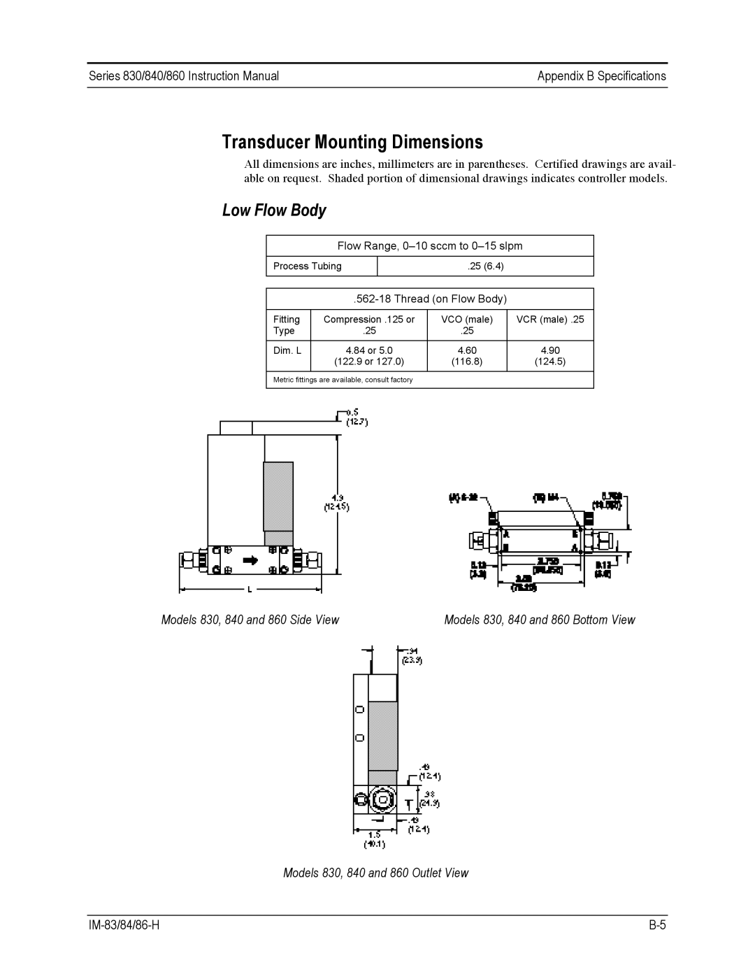 Sierra 830, 860, 840 instruction manual Transducer Mounting Dimensions, Low Flow Body 