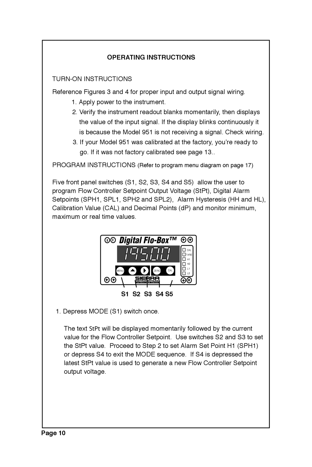 Sierra 951 instruction manual Operating Instructions, TURN-ON Instructions, S1 S2 S3 S4 S5 