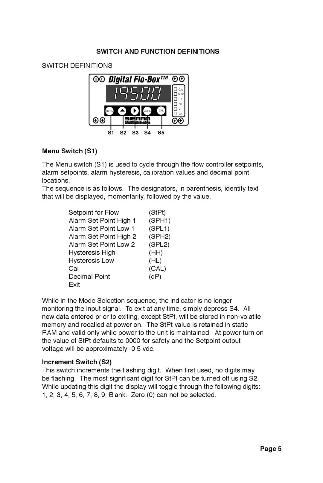 Sierra 951 instruction manual Switch and Function Definitions, Switch Definitions, Menu Switch S1, Cal, Increment Switch S2 