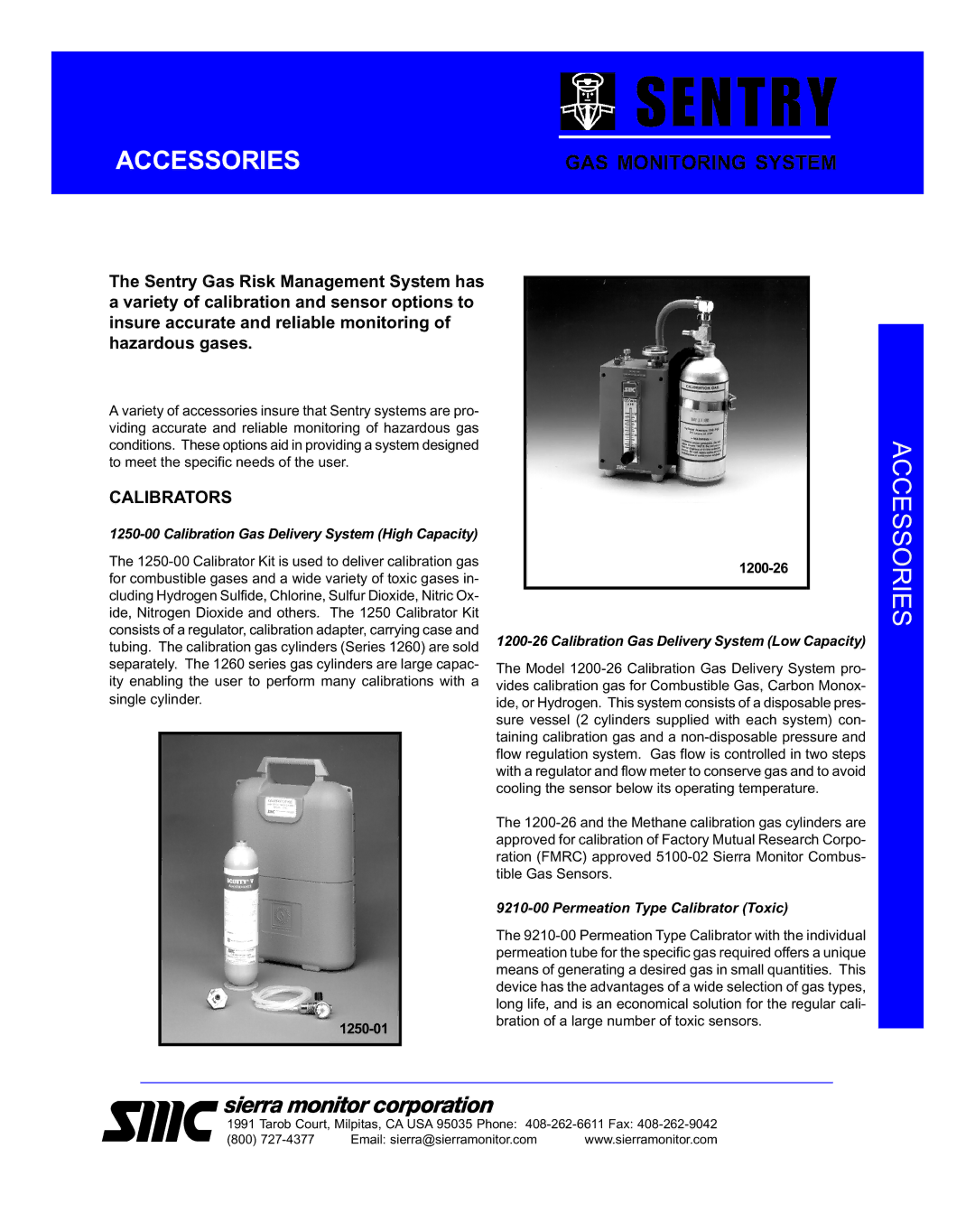 Sierra Monitor Corporation 1200-26, 1250-00, 1260 Series manual Calibrators, Calibration Gas Delivery System High Capacity 