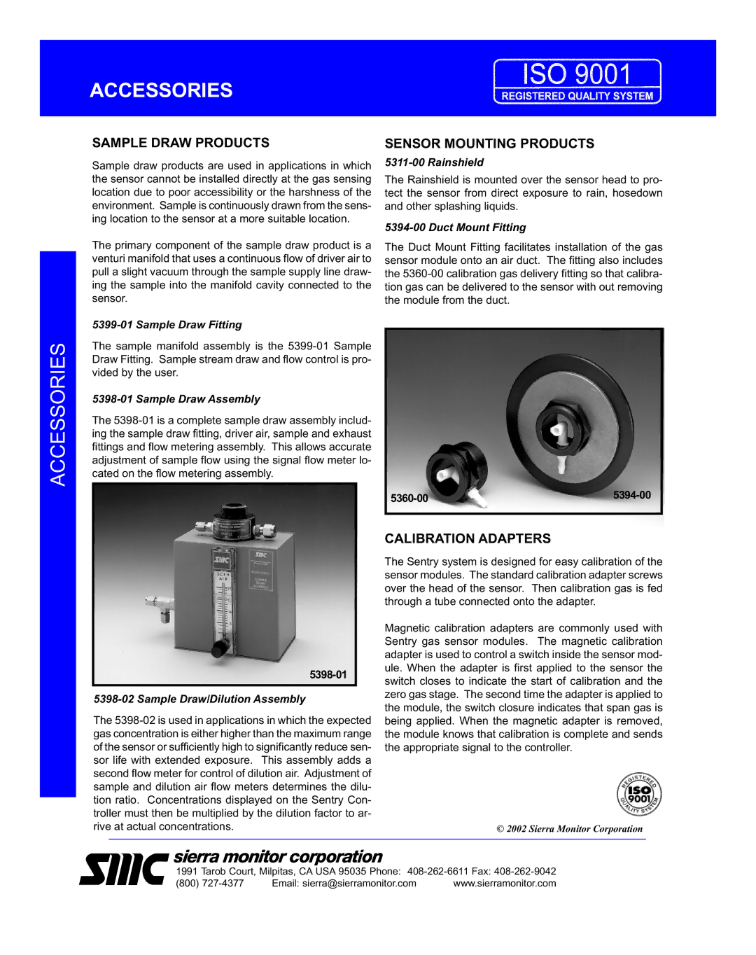 Sierra Monitor Corporation 1260 Series, 1250-00 manual Sample Draw Products, Sensor Mounting Products, Calibration Adapters 