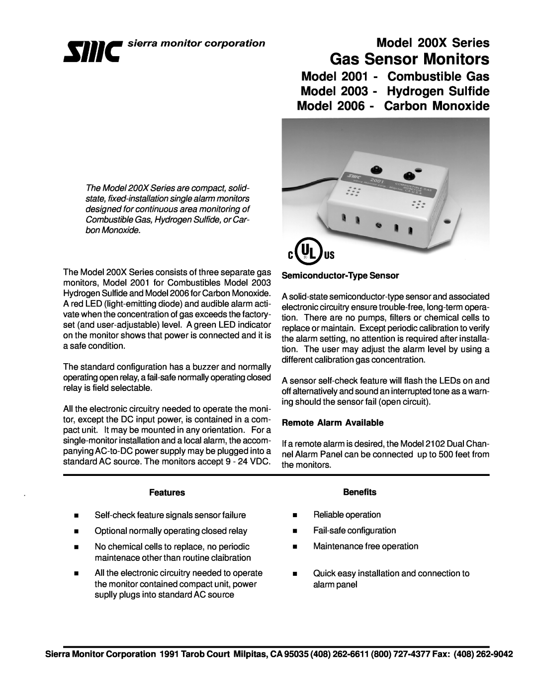 Sierra Monitor Corporation 2001, 2003, 2006 manual Semiconductor-TypeSensor, Remote Alarm Available, Features, Benefits 