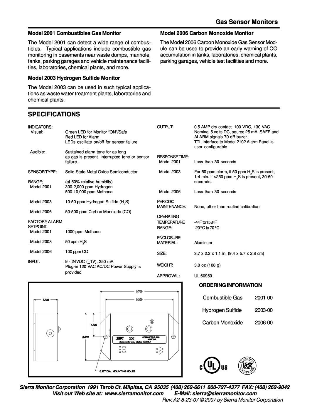 Sierra Monitor Corporation 2006 Model 2001 Combustibles Gas Monitor, Model 2003 Hydrogen Sulfide Monitor, Specifications 