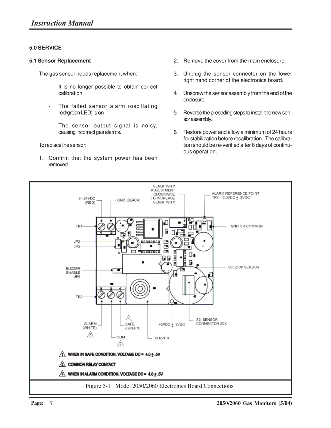 Sierra Monitor Corporation 2050-10, 2060-00, 2060-10 manual Model 2050/2060 Electronics Board Connections, Sensor Replacement 