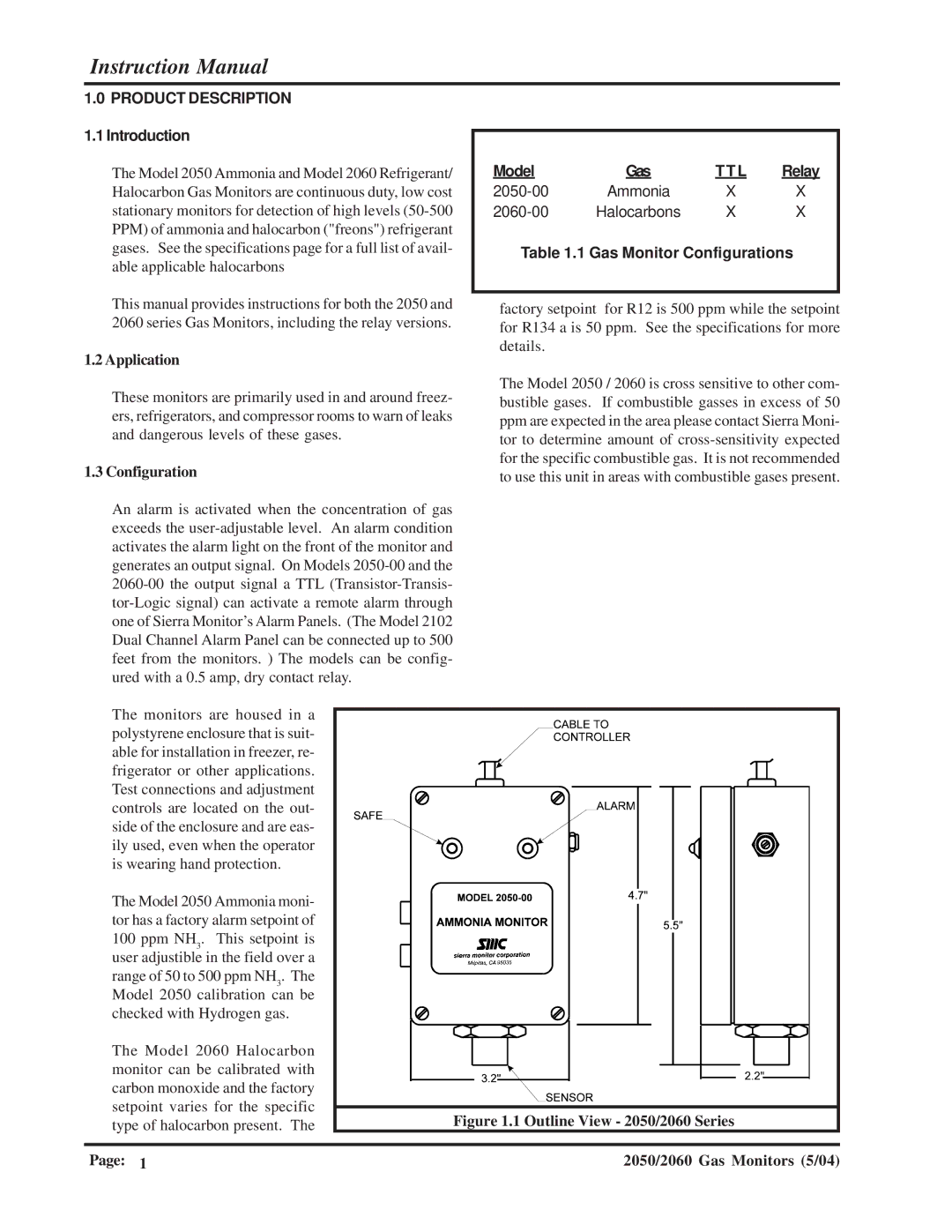 Sierra Monitor Corporation 2060-00, 2060-10, 2050-10, 2050-00 manual Introduction, Model, Ttl, Gas Monitor Configurations 