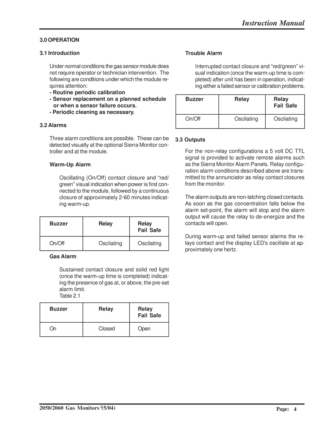Sierra Monitor Corporation 2050-00, 2060-00, 2060-10 manual Warm-Up Alarm, Buzzer Relay Fail Safe On/Off Oscilating Gas Alarm 