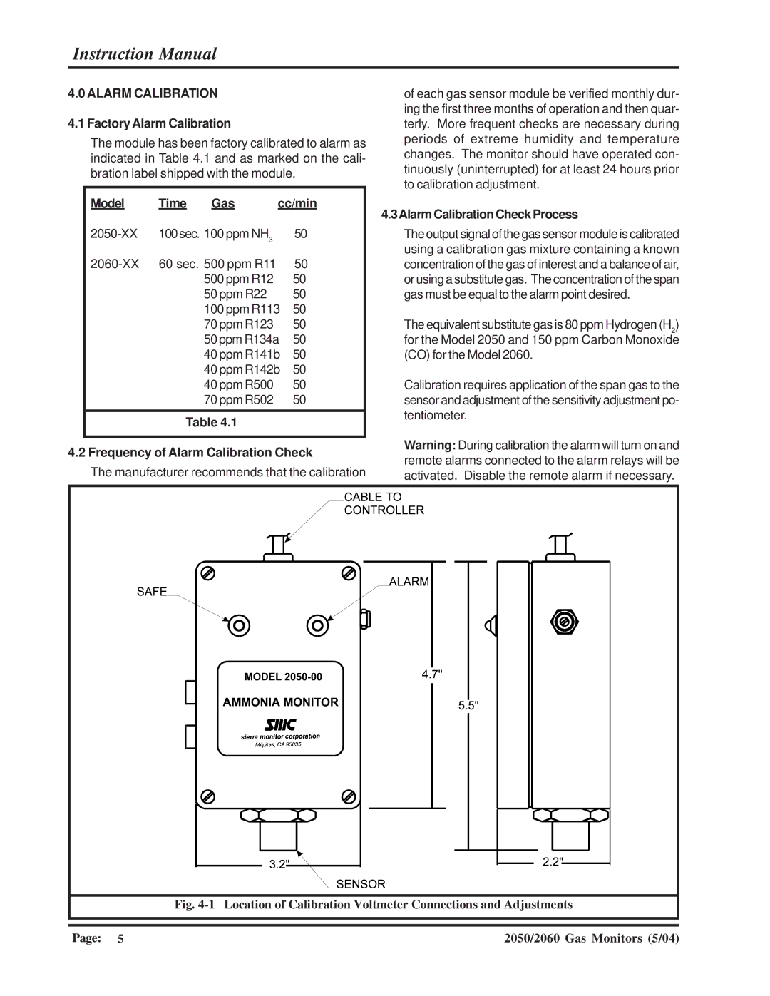 Sierra Monitor Corporation 2060-00 Factory Alarm Calibration, Model Time Gas Cc/min, Frequency of Alarm Calibration Check 