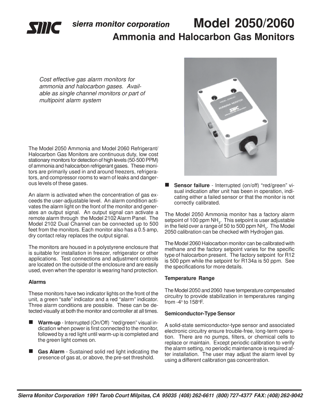 Sierra Monitor Corporation 2050, 2060 specifications Ammonia and Halocarbon Gas Monitors, Alarms, Temperature Range 